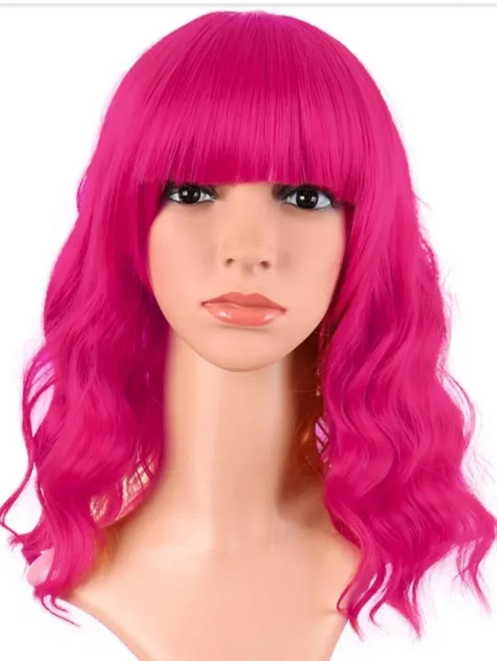 Vibrant Pink Wavy Wig with Fringe - Women Hair